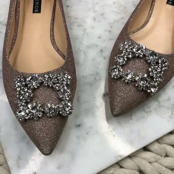 Erijunor Sparkly Ballet Flats Pink Silver Hangisi Embellished Glitter Pointed 7 - Picture 9 of 10